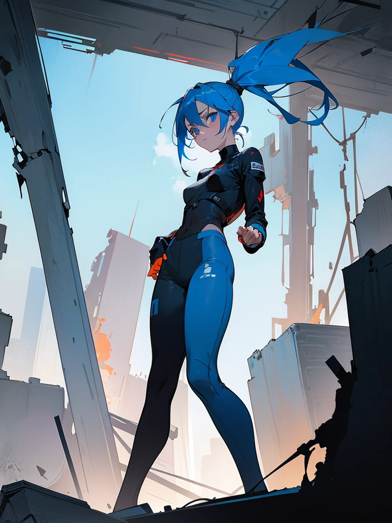 a girl with blue hair in a ponytail, blue eyes, stern look, commanding posture, wearing blue tight pants and clothes in red, blue, white and gray, black colors, slightly reddish skin, standing in front of destroyed houses in New York with an orange and blue theme, a zombie wearing clothes of the same colors in the background