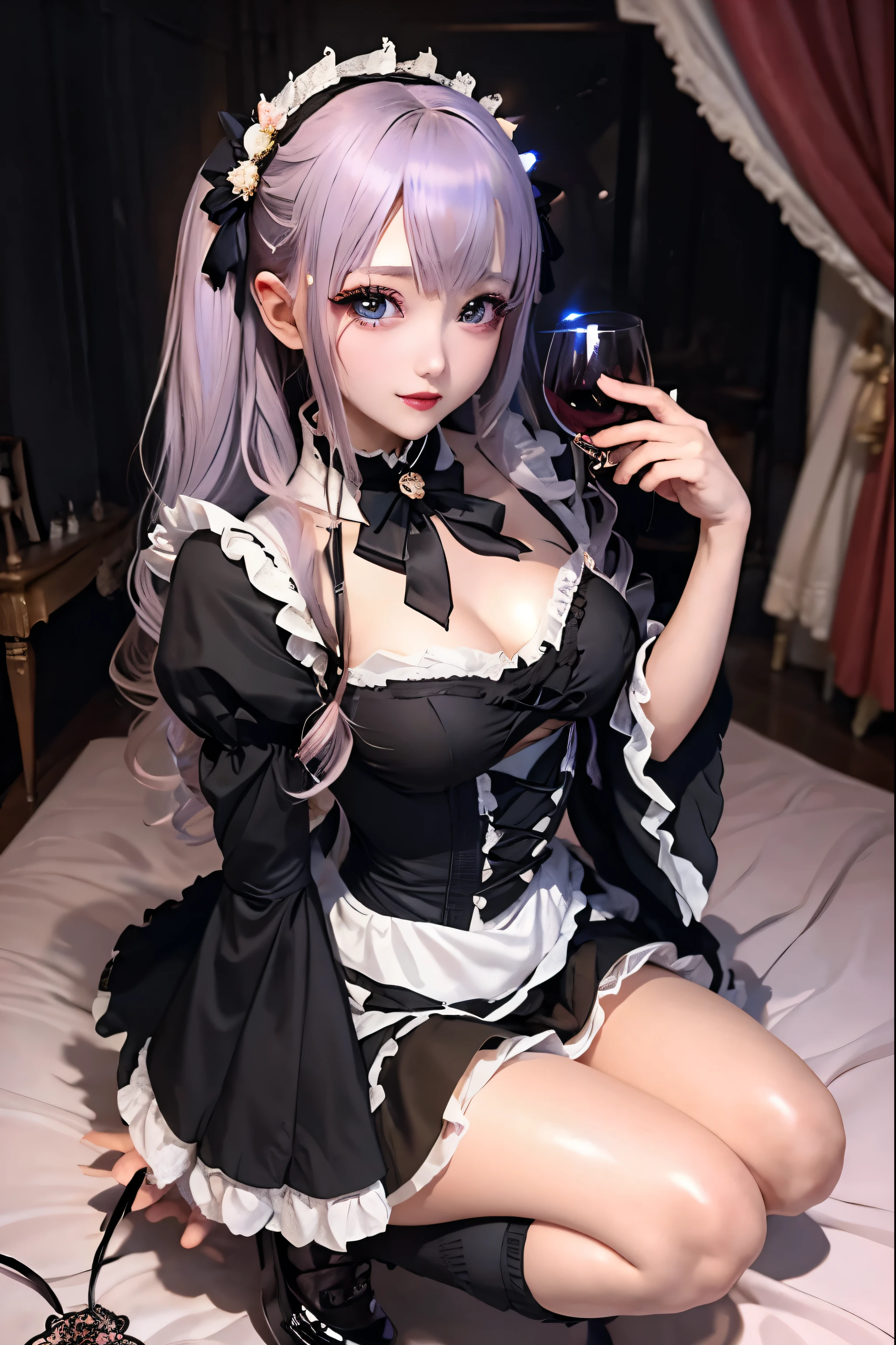 Hard Dark Gothic Makeup、Black dark eyeshadow、sad、Good skin radiance、Dark Gothicメイク、Dark smile、palace、The beauty of fragrance、24-years-old、Expressions of intense sexual pleasure、Embarrassed look、Dark Gothic、Highest quality、Expression of sexual pleasure without pain、Drunk face、Purple maid outfit、mysterious、noble、Loving smile、Twin tail hair、Right eye is blue、Left eye is red、Super tempting pose、Platform heel shoes、Heavy makeup、Gothic Clothing、Silver Hair、Long Hair Straight Hair、Cute Gothic Dresses、Beautiful Face、elegant face、Attractive face、Stained glass background、Chest glistening with sweat、The room is dark、goth long dress、Bell Sleeves、Wizard Sleeve、Decadent look、Sexually excited expression、Wet shiny thigh water、Thighs that are wet and shiny with oil、Background of a room full of roses、Sad look、Rose Maiden、The embroidery is pink、The dress has pink embroidery.、Thigh-high socks、Knee-high socks、Gentle expression、Dark black eyeshadow、Stained glass and rose background、Thighs are a little thin、Female Duo、Female couple、dark church background、Stained glass、Black metal world、Dark Castle、Dark Room、Slender body、gothic long dress、Victorian dress、Small breasts、With a glass of wine in your right hand、With a lantern in his left hand、The bed is covered with roses、Her thighs are shining with sweat、My body is wet and shiny、There is a lot of glitter on the thighs、I am sweating、My thighs are sticky with sweat.、My thighs are glistening with sweat、My whole body is sweaty and shiny、I sweated a lot.、My thighs are sweaty、My wet thighs are glistening with sweat.、There is a lot of sweat shining all over my body、Slender body、I rest my head on the pillow、Sleeping in bed、Beautiful legs、Outstretched legs、Lying in bed、Lying on your back in bed、On all fours、Knee Up、Kneel、Put your arms behind your back、Kneeling on the bed、Super beautiful straight hair、Straight hair to the ends、Straight Perm Hair、Show off your glamorous thighs、Sit on the bed、Ass on the bed、Sitting with legs wide apart、Thighs are a little glamorous、