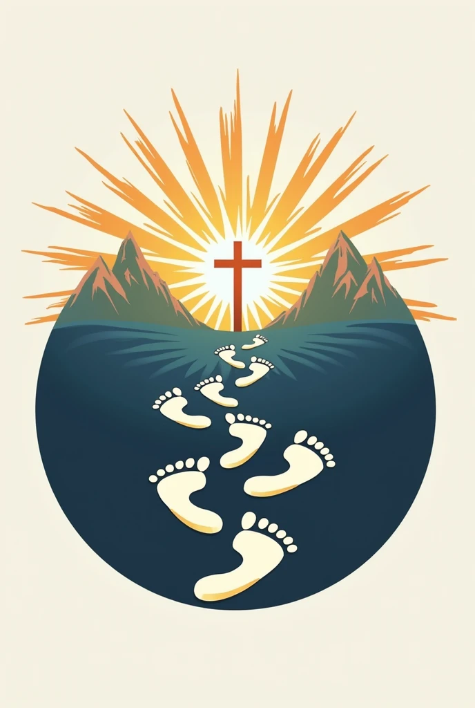 Generate a logo for a Christian church, that represents the following motto “walking with integrity in the Mission”. That includes elements such as footprints of Jesus and footprints of his followers behind.