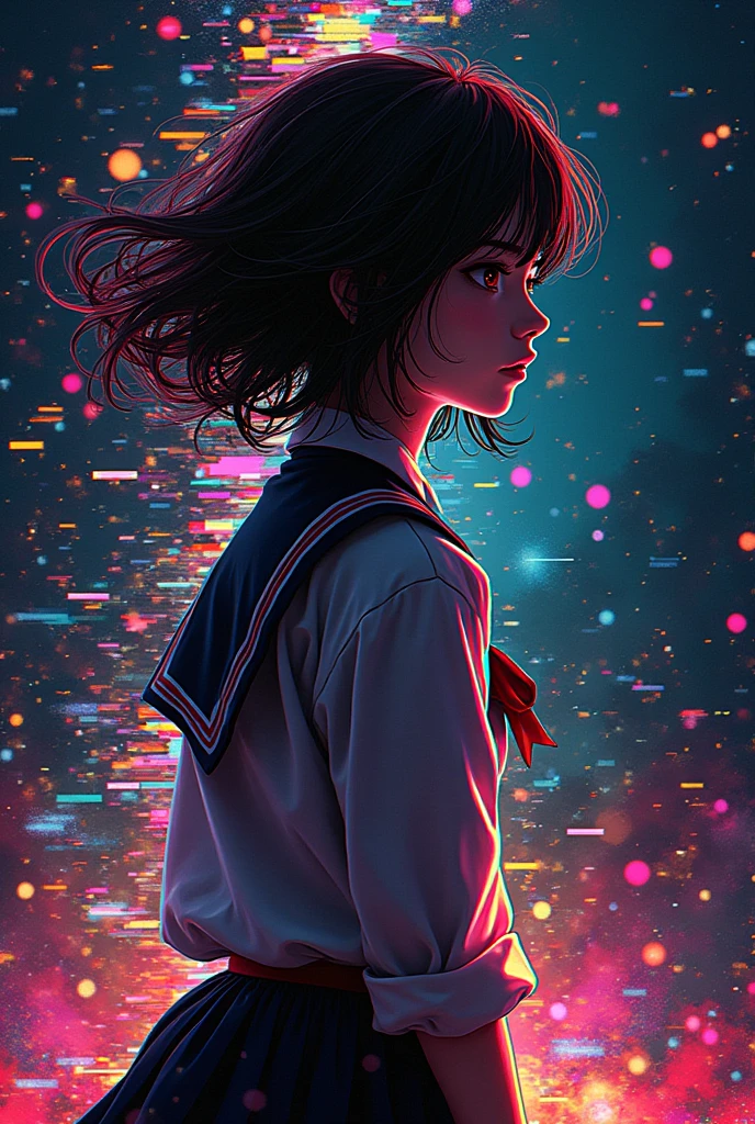 Glitch art movie poster, [sideways facing Japanese  girl] in the center, dark background, glitch colors in the style of strong glitch effect, striped many graphic defects, very detailed, stunning image