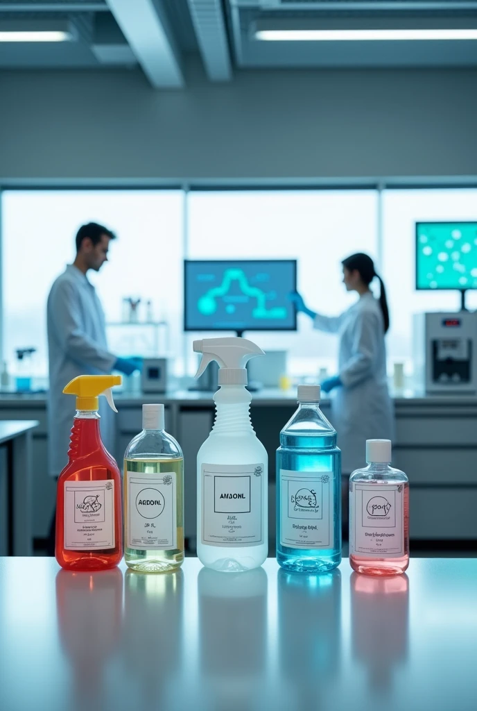 "A set of household cleaning products like detergents, bleach, and disinfectants placed on a sleek, modern countertop. The bottles are labeled with chemical formulas and icons representing surfactants, bleaches, and disinfectants. In the background, a high-tech laboratory with scientists in white coats working with advanced equipment, such as beakers, flasks, and chemical synthesis machines. The scene highlights the scientific and technological processes involved in creating these products, with diagrams or digital screens showing the molecular structure of the chemicals used. The environment is clean and bright, emphasizing the effectiveness of these products in removing stains, bacteria, and odors."