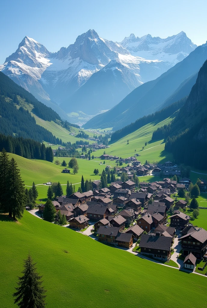 A breathtaking aerial view of a charming Swiss village, captured from a drone's perspective. The village is nestled among rolling green hills, with traditional Alpine houses featuring steep, gabled roofs and wooden facades. The landscape is dotted with lush meadows, dense forests, and winding roads that lead to the heart of the village. In the background, the majestic snow-capped Alps rise against a clear blue sky. The scene is bathed in soft, natural sunlight, highlighting the peaceful and picturesque beauty of the Swiss countryside