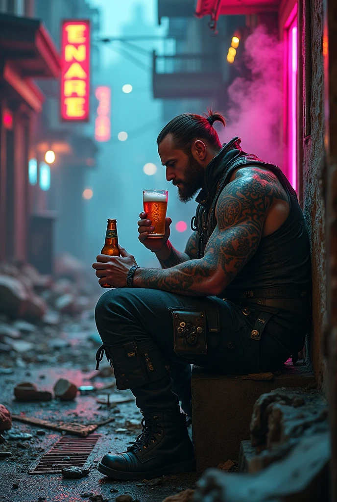 Cyberpunk male warrior drinking a beer around rubble