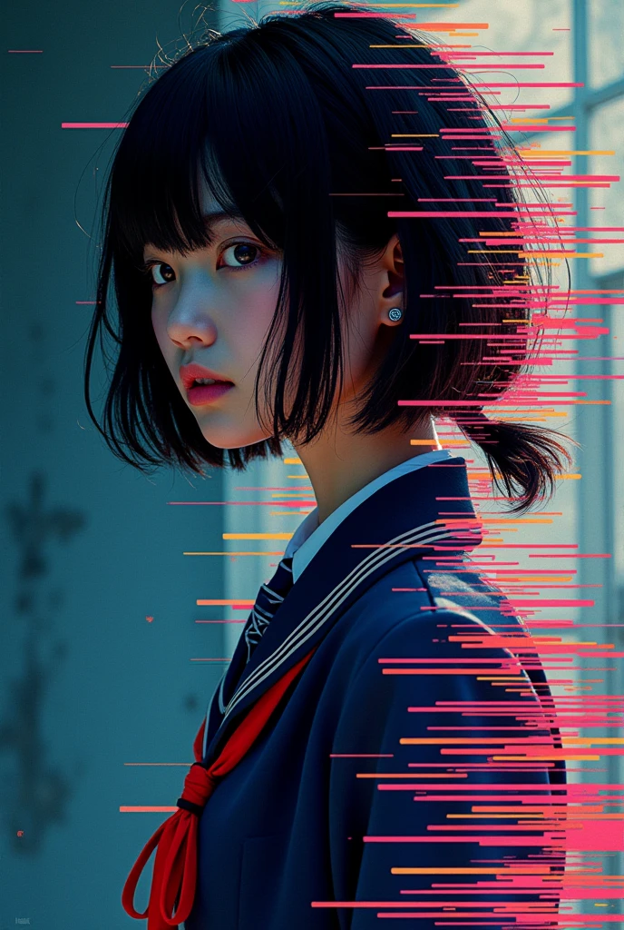 Glitch art movie poster, [sideways facing Japanese school girl] in the center, dark background, glitch colors in the style of strong glitch effect, striped many graphic defects, very detailed, stunning image