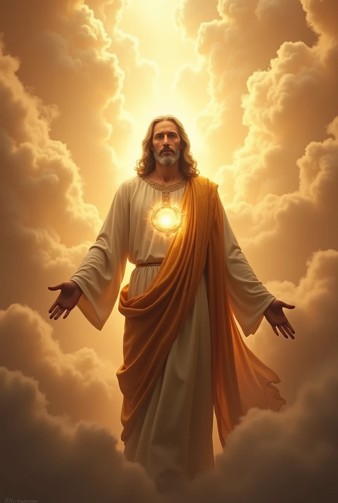 A majestic and awe-inspiring image of Jesus Christ dressed in a long robe with a golden sash around His chest. His head and hair are white like wool, as white as snow, and His eyes are blazing like flames of fire. The image should emphasize the divine power and glory, with radiant light surrounding Him. The setting is heavenly and ethereal, with warm tones and a dramatic atmosphere suitable for a YouTube thumbnail.