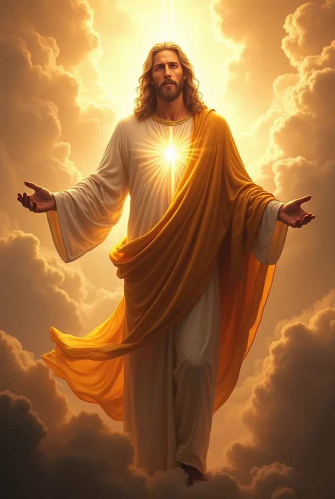 A majestic and awe-inspiring image of Jesus Christ dressed in a long robe with a golden sash around His chest. His head and hair are white like wool, as white as snow, and His eyes are blazing like flames of fire. The image should emphasize the divine power and glory, with radiant light surrounding Him. The setting is heavenly and ethereal, with warm tones and a dramatic atmosphere suitable for a YouTube thumbnail.