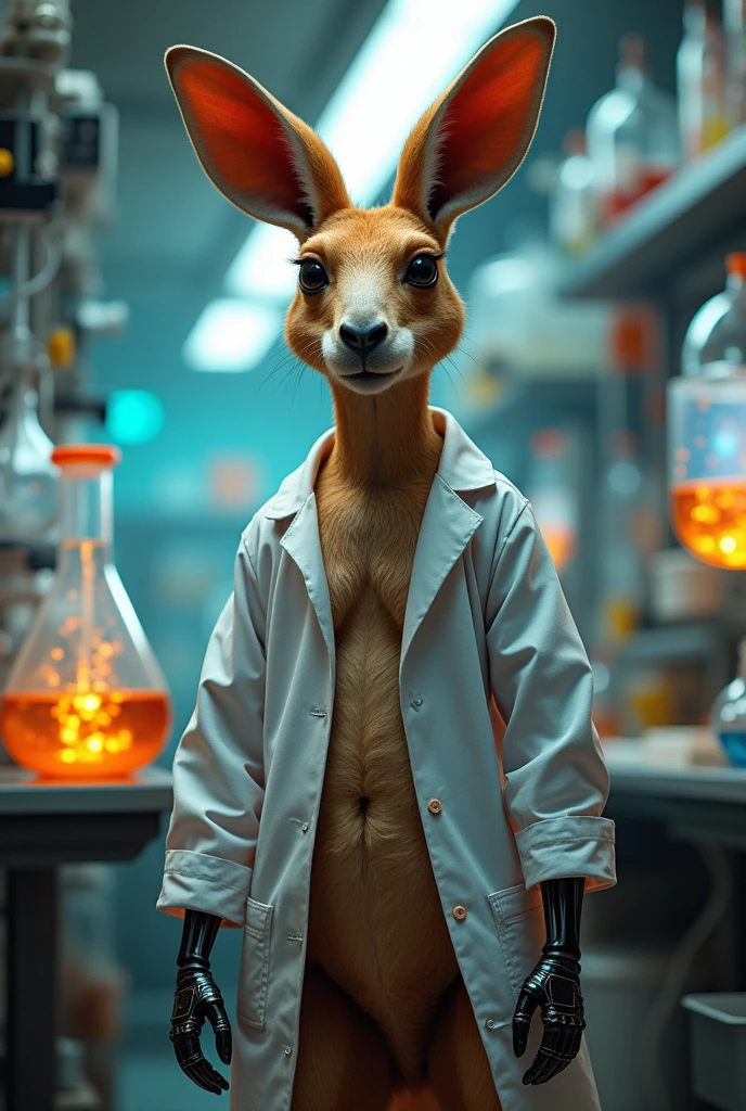 A humanoid kangaroo, stark, com tankinho, in a lab environment 