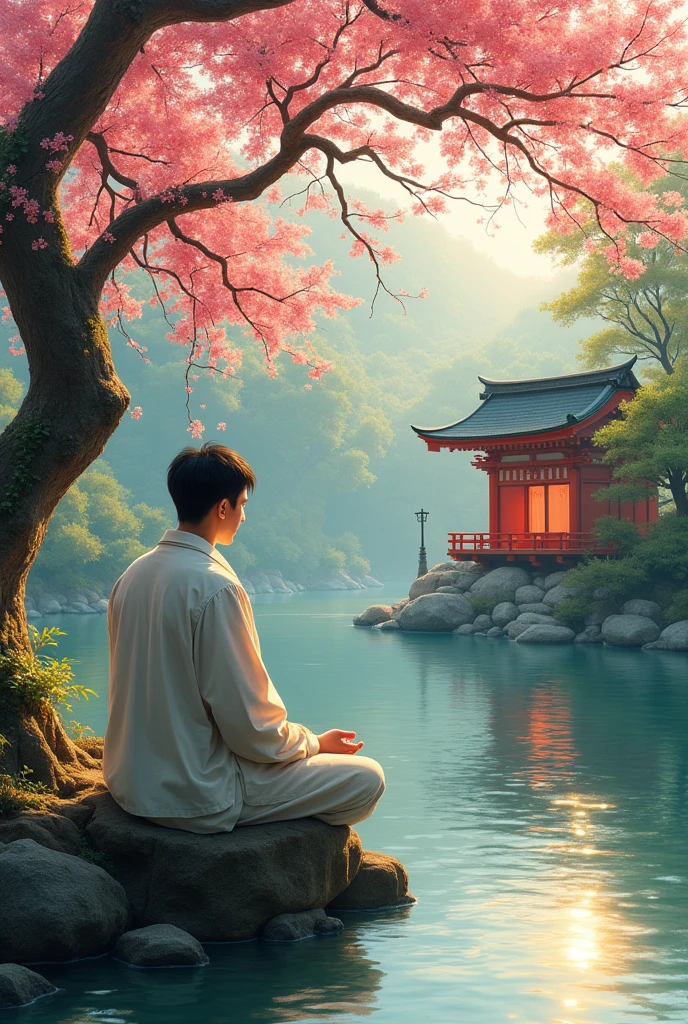 A highly detailed digital painting of a handsome man with Western facial features, dressed in traditional Japanese attire, standing in a serene Japanese shrine. The man has a noble and spiritual aura, with a calm and wise expression, and he is clean-shaven. He is facing the morning sun, with soft rays of light illuminating his face, as he chants a spell or prayer. His long hair is tied in a top knot, and he exudes an air of quiet strength and deep spirituality. The background shows the shrine in