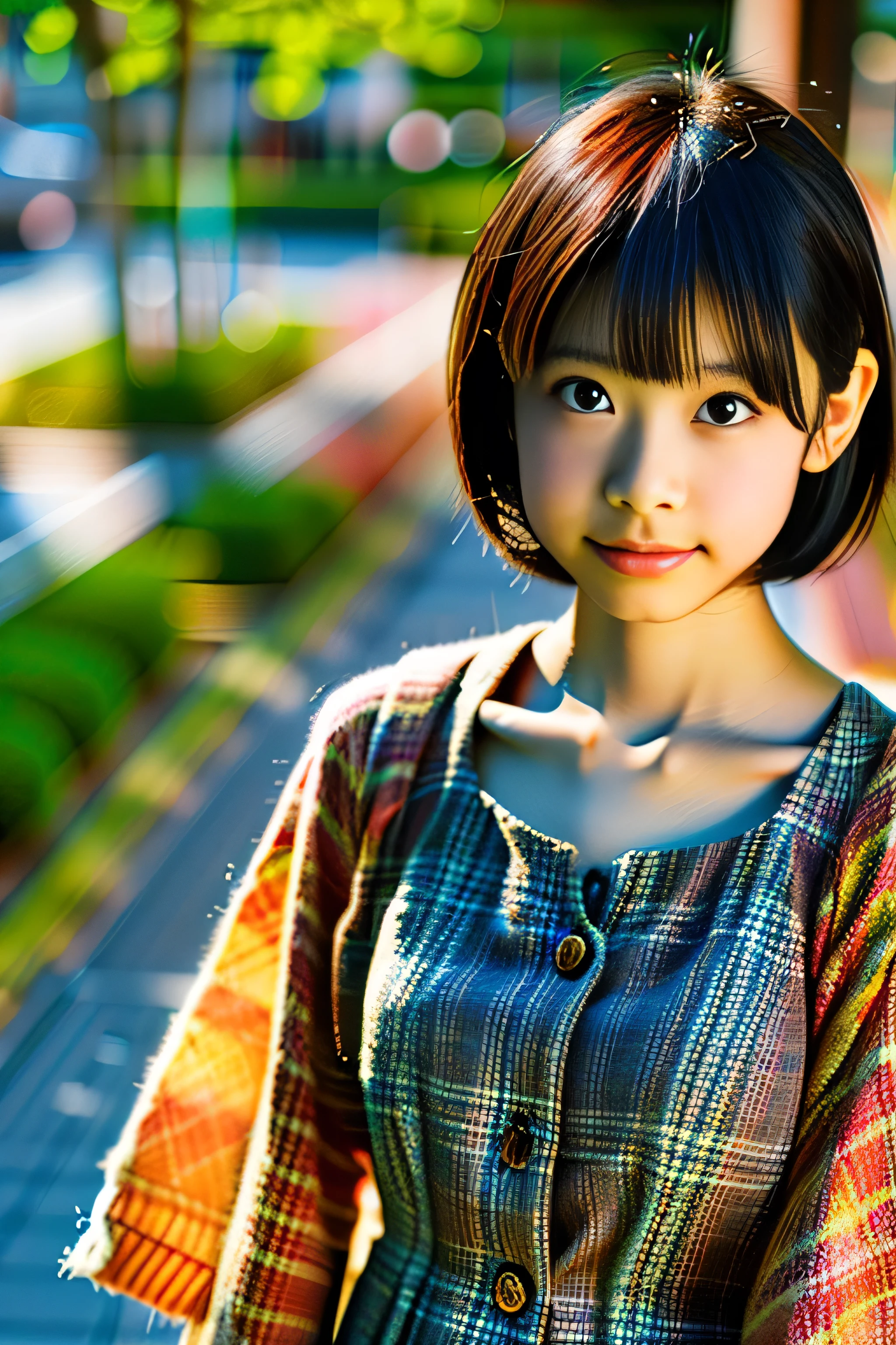 A young Japanese girl, , with short hair and bangs, wearing a dress, front view, realistic, photorealistic, high quality, 8k, ultra detailed, masterpiece, soft lighting, shallow depth of field, (photo_reality:2.0), (good proportion:2.0)