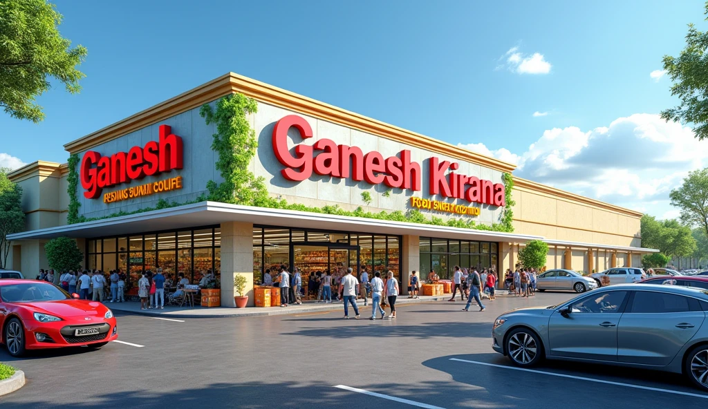 BIG SUPERMARKET STORE NAMED AS GANESH KIRANA IN ENGLISH IN DAYLIGHT FRONT VIEW