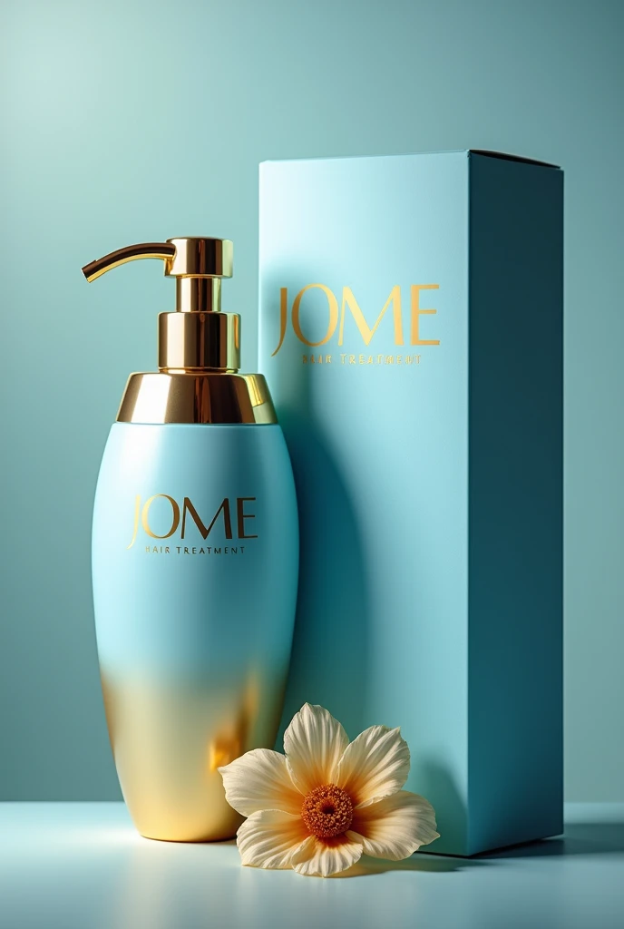 Hair treatment product for damaged hair, whose container must be premium line in gold and sky blue color with push type dispensing valve with innovative design with the brand name JOME hair treatment and its respective box