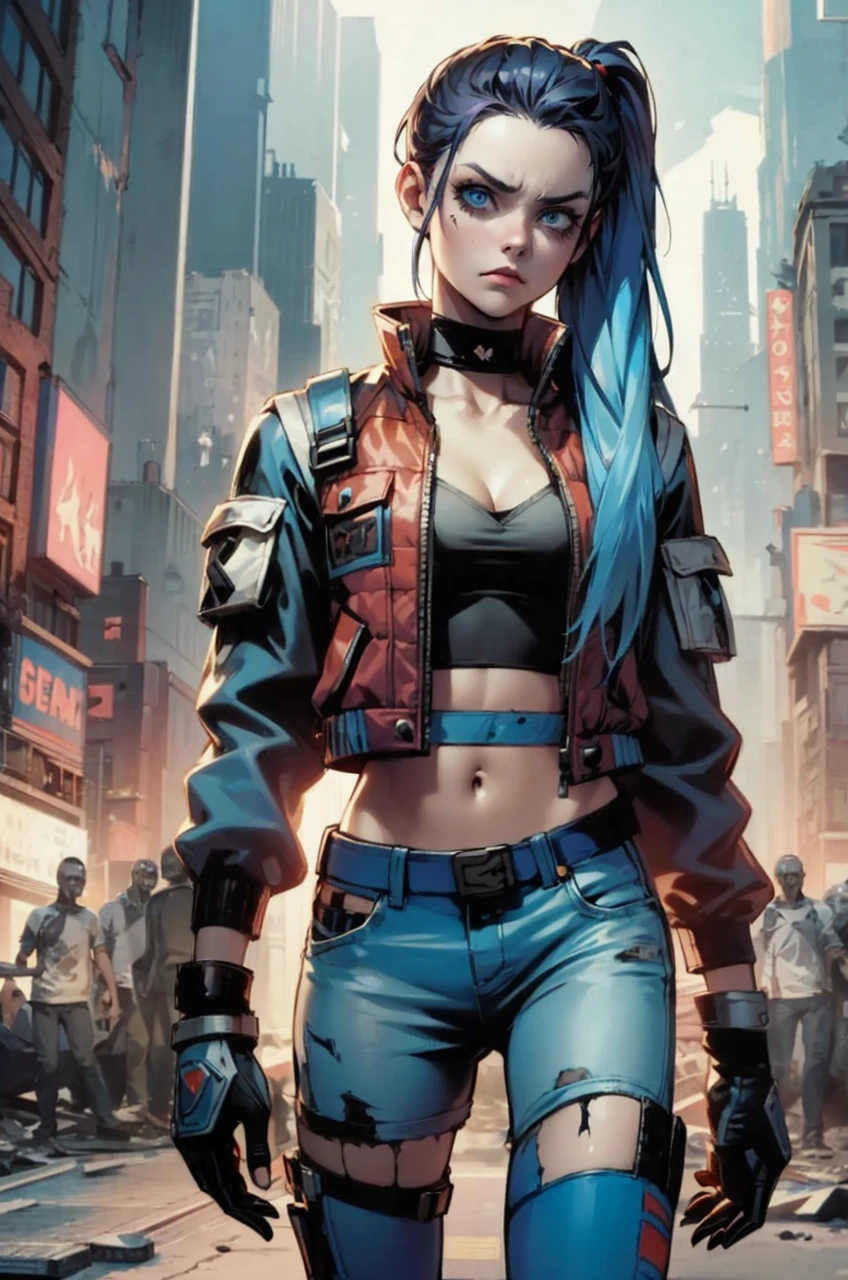 a girl with blue hair in a ponytail, blue eyes, stern look, commanding posture, wearing blue tight pants and clothes in red, blue, white and gray, black colors, slightly reddish skin, standing in front of destroyed houses in New York with an orange and blue theme, a zombie wearing clothes of the same colors in the background