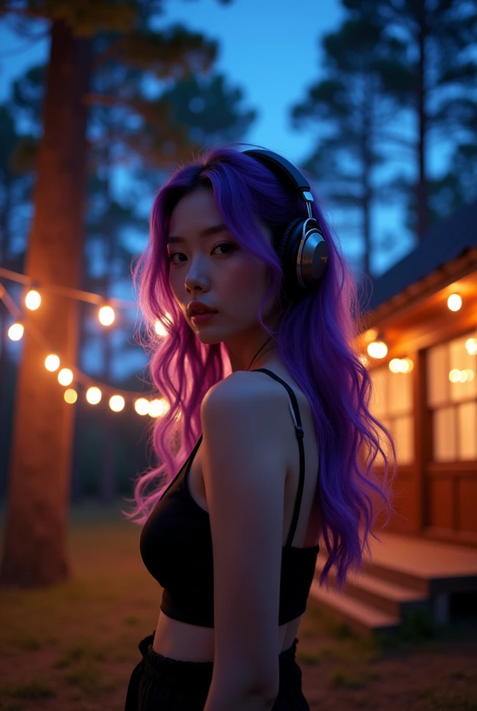 Korean butterfly woman with purple hair wearing headphones and a short black outfit, perfect 2000s body,  party background in the forest at night with pine trees and a Korean cabin, perfect face, black and brown hair, and short. 