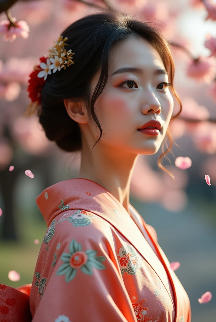 An elegantly dressed Japanese woman in natural light、A close-up of her chest and calm expression.、It shows her inner peace and outer charm.。