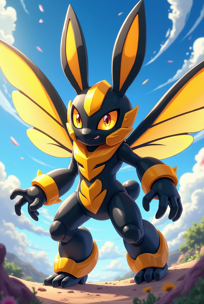 A anime style digimon creature.
Appearance: a chimera , half bunny half man half bumblebee. With big wings, Big anime eyes. Two Big stingers for hands and wearing a biological exoskeleton
Style : cel shaded , 3d , anime, Full-body, t pose.
Colors: black and yellow and gold
This is a digimon