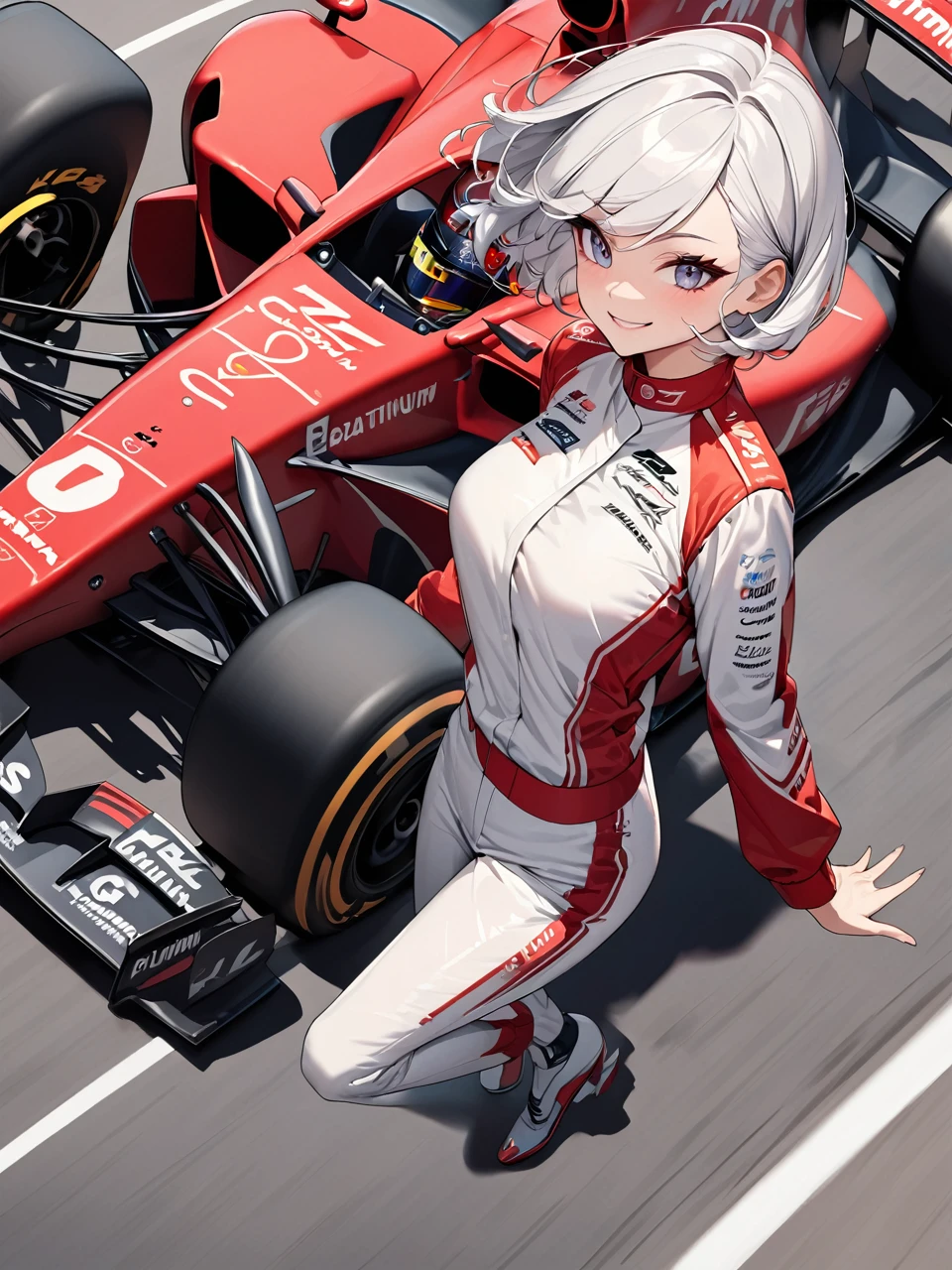 of the highest quality, of the highest quality, 16k, incredibly absurd, Very detailed, 2.5D, delicate and dynamic,women,22 years,racing uniforms,chest,elegance,shiny hair,smile,Beautiful,Red car,car chase, short hair, platinum white hair,formula 1,racing car ,high,excellent figure,
