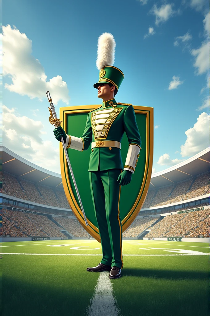 Green and white marching band crest