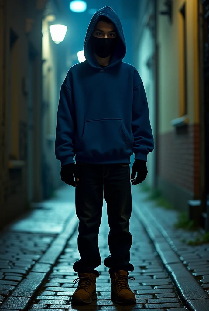 Teen Boy wearing blue hoodie and black pants brown shoes as a Kidnapper with mask on and fingerless gloves 