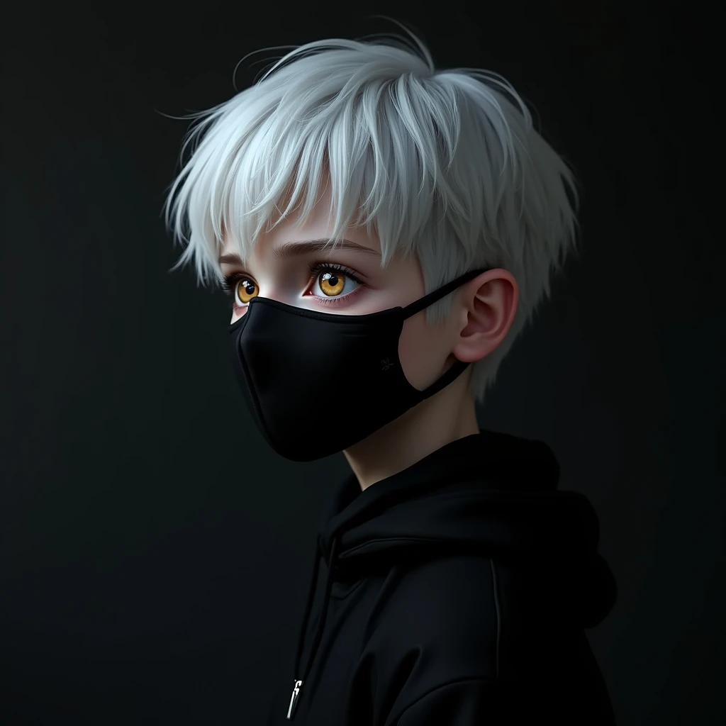 boy, pale skin, beautiful golden eyes, white hair, wearing black mask, black hair, serious expression, dark aesthetic, profile picture, moody, dramatic lighting, digital art, highly detailed, photorealistic, 8k, (best quality,4k,8k,highres,masterpiece:1.2),ultra-detailed,(realistic,photorealistic,photo-realistic:1.37)