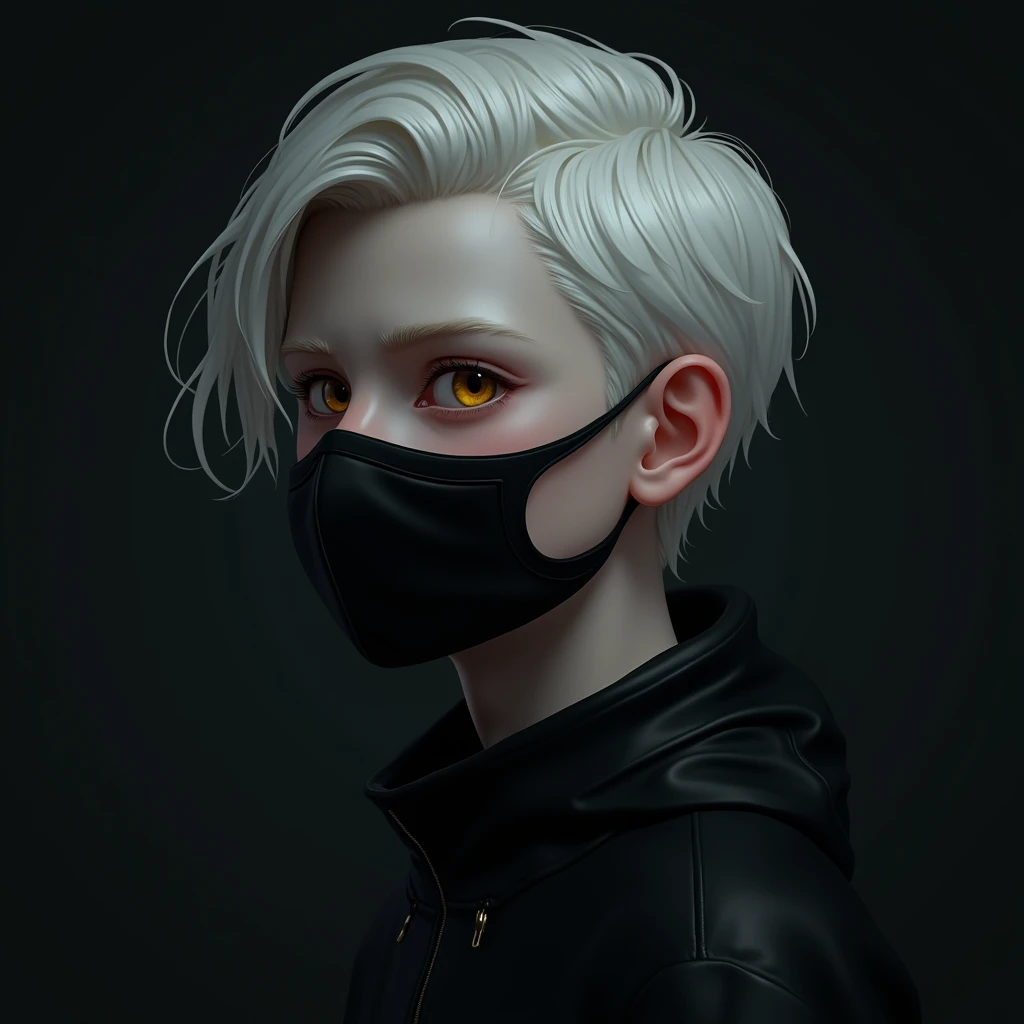 boy, pale skin, beautiful golden eyes, white hair, wearing black mask, black hair, serious expression, dark aesthetic, profile picture, moody, dramatic lighting, digital art, highly detailed, photorealistic, 8k, (best quality,4k,8k,highres,masterpiece:1.2),ultra-detailed,(realistic,photorealistic,photo-realistic:1.37)