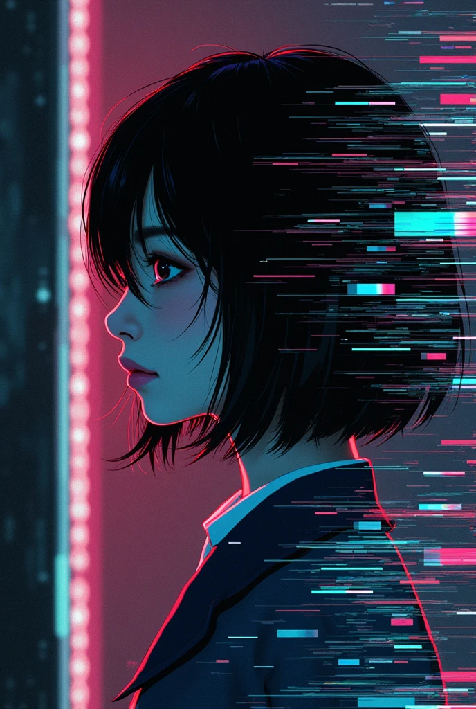 Glitch art movie poster, [sideways facing Japanese school girl] in the center, dark background, glitch colors in the style of strong glitch effect, striped many graphic defects, very detailed, stunning image