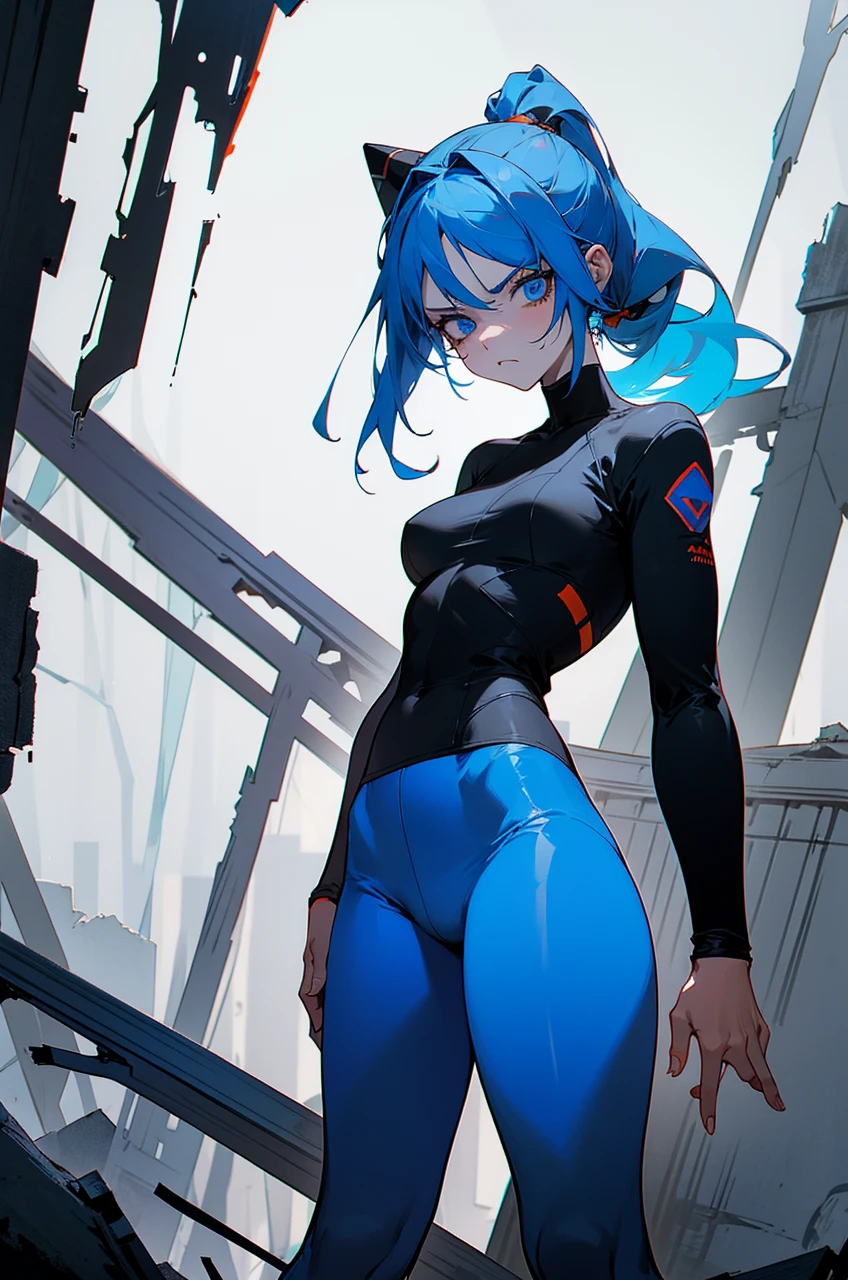 a girl with blue hair in a ponytail, blue eyes, stern look, commanding posture, wearing blue tight pants and clothes in red, blue, white and gray, black colors, slightly reddish skin, standing in front of destroyed houses in New York with an orange and blue theme, a zombie wearing clothes of the same colors in the background