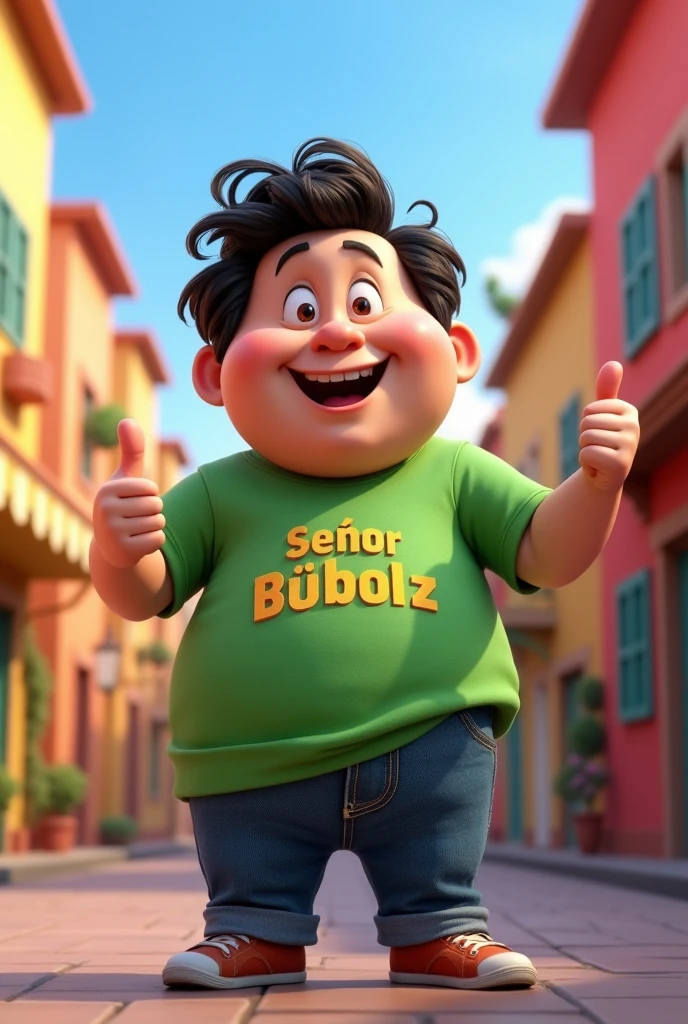 PIXAR 3d, naughty man, senor,  smiling fat man, dark hair, without glasses, wearing a green T-shirt with the writing Bubolz and jeans, giving a thumbs up, 