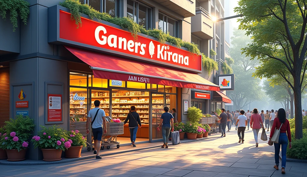 BIG SUPERMARKET STORE NAMED AS GANESH KIRANA IN ENGLISH IN DAYLIGHT FRONT VIEW 