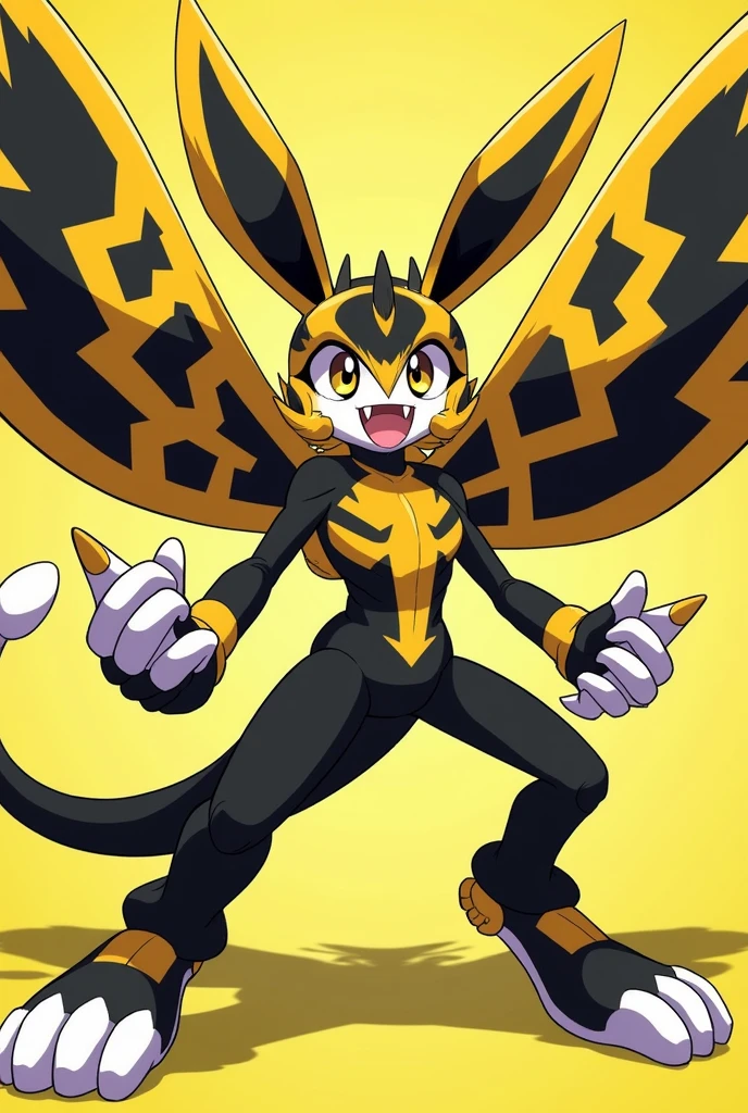A anime style digimon creature.
Appearance: a chimera , half bunny half man half bumblebee. With big wings, Big anime eyes. Two Big stingers for hands and wearing a biological exoskeleton
Style : cel shaded , 3d , anime, Full-body, t pose.
Colors: black and yellow and gold
This is a digimon