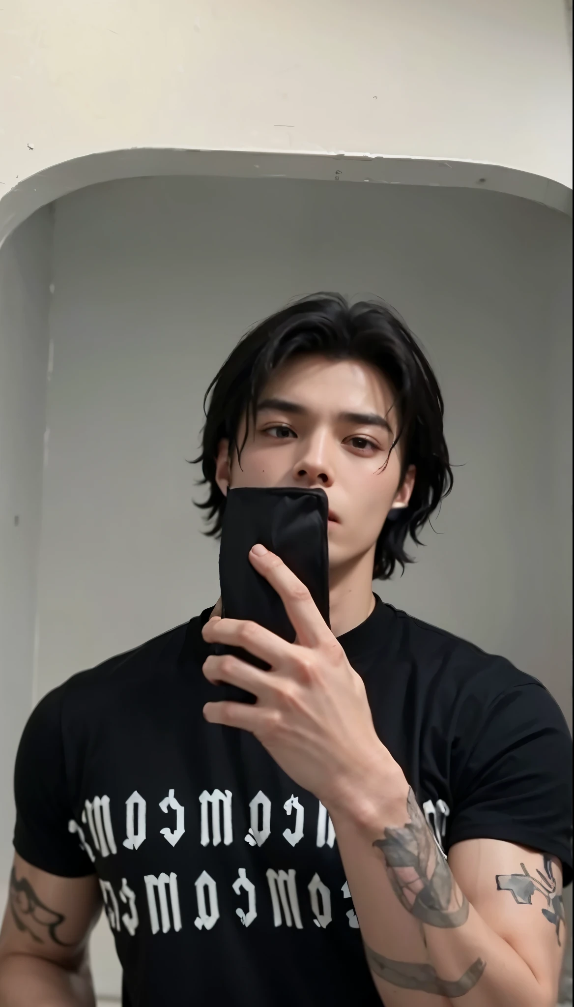 Young Bruce Wayne man black hair, Big and muscular body, black t-shirt, in dark room, wet body, Asian, similar to Jungkook