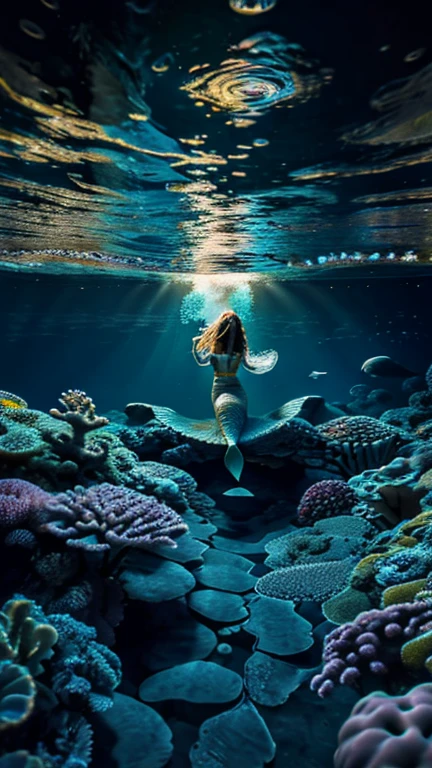 original，（Highest quality），（masterpiece：1.1），（Highly detailed CG unity 8k ），（Extremely colorful：1.2），deep sea，Ancient times，A Mermaid in the Form of a Beautiful Girl，Swim gracefully，未来のdeep sea都市，Japan Trench，Atlantis Continent，Reflection of the universe，Vast space，fusion of the future and the past，Time Transcended，Distortion of Space，Wide-angle lens，horizontal line，A blindingly bright light，
