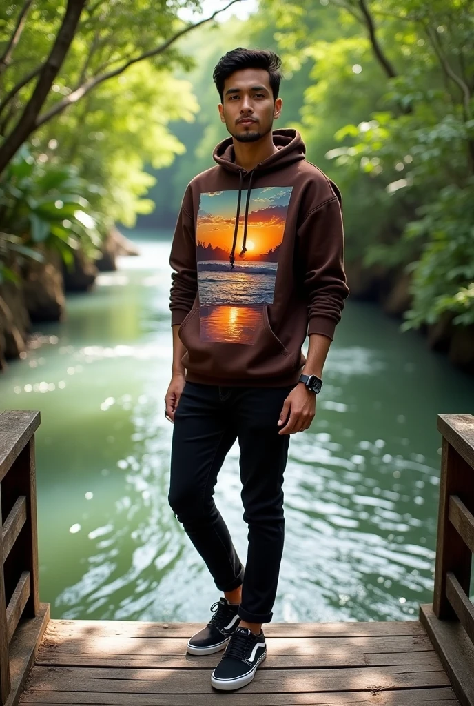 Please make a picture of a 25-year-old Indonesia man on a bridge, there is a tropical river, wearing black jeans, wearing a smartwatch in his left hand, wearing a brown hoodie with an aesthetic picture of the beach sunset, black jeans, and black Vans shoes with white soles.
