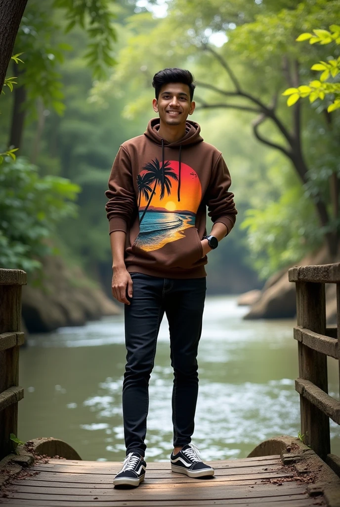Please make a picture of a 25-year-old Indonesia man on a bridge, there is a tropical river, wearing black jeans, wearing a smartwatch in his left hand, wearing a brown hoodie with an aesthetic picture of the beach sunset, black jeans, and black Vans shoes with white soles.