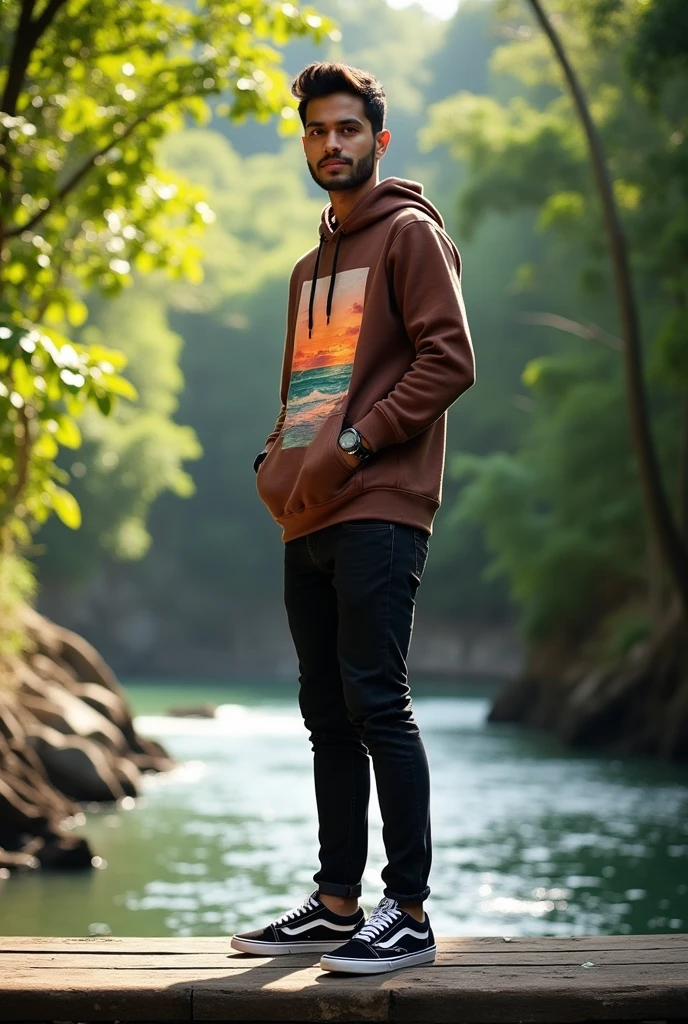 Please make a picture of a 25-year-old Indonesia man on a bridge, there is a tropical river, wearing black jeans, wearing a smartwatch in his left hand, wearing a brown hoodie with an aesthetic picture of the beach sunset, black jeans, and black Vans shoes with white soles.