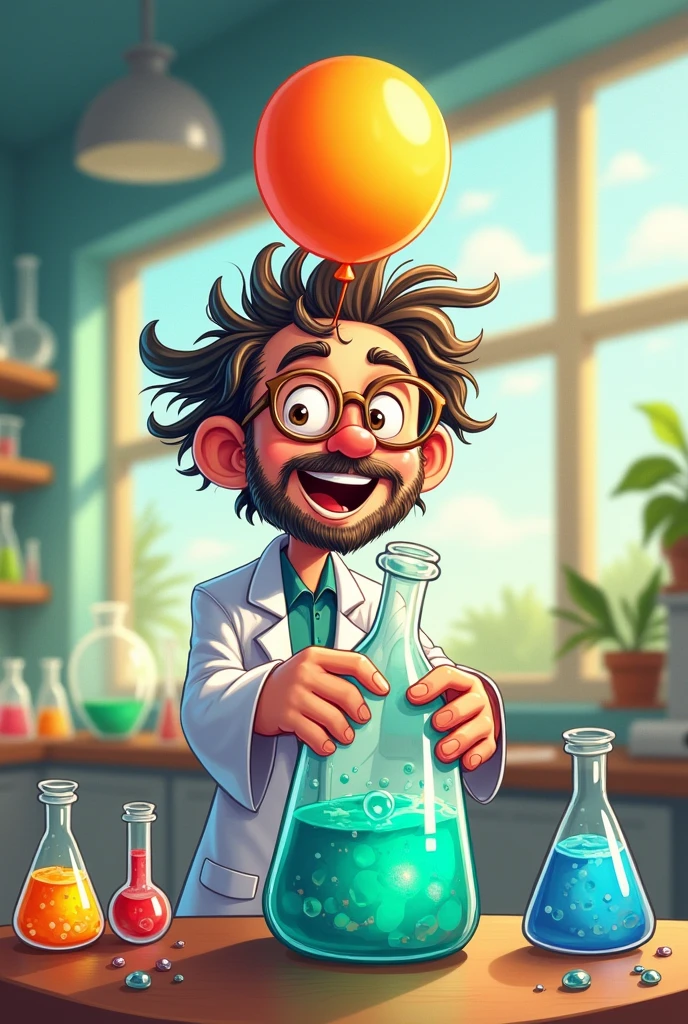Cartoon of a scientist holding a plastic bottle with a balloon on top but without the balloon string