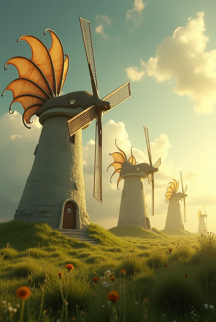 Create an optical illusion, where windmills look like dragons.