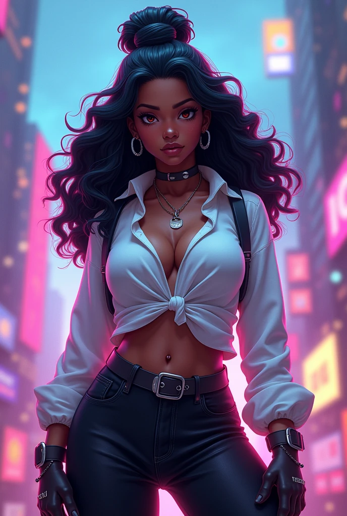 A dark-skinned female character, around 28 years old, with long black curly hair, brown eyes, wearing a long-sleeved white shirt, black pants, and ample breasts in harmony with a necklace bearing the name MORENAH in a large, gamer-style avatar, also wearing a Barret.