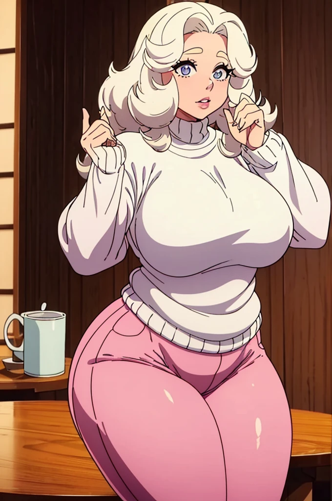 a one woman, albino, cute cheeks, pearly curly afro, fleshy lips, hourglass physique, breasts small, fat ass, ombro to ombro sweater, tight pants, longer, tighter pants , cups , cold vibrations, 4k resolution, japanese goddess, voluptuous, looking ahead at viewer, dominant