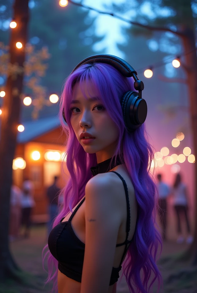 Korean butterfly woman with purple hair wearing headphones and a short black outfit, perfect 2000s body,  party background in the forest at night with pine trees and a Korean cabin, perfect face, black and brown hair, and short. 