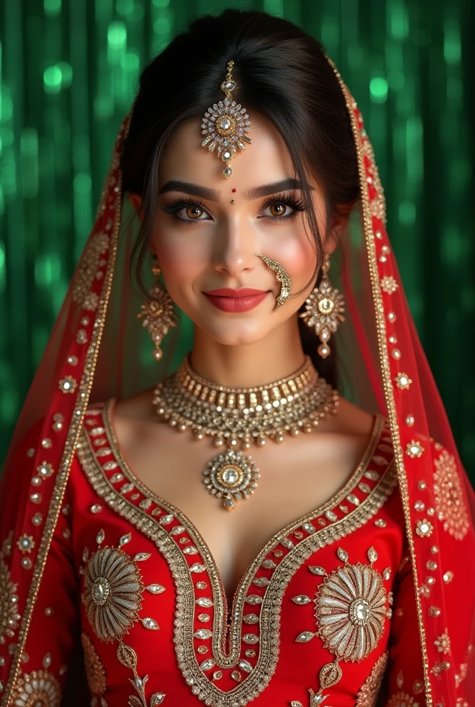 Create a 3D illustration of A 20 year-old girl wearing pakistani Bridel dress in red color with beautiful bridal makup like kashee's artist salon mAkup & beautiful jewelry only her face , full head & half body i want her image for a beauty salon bridel makup service ads. Her makup is perfect & beautiful she is looking soo beautiful & beckground thame is luxery gulter c green don't show her body