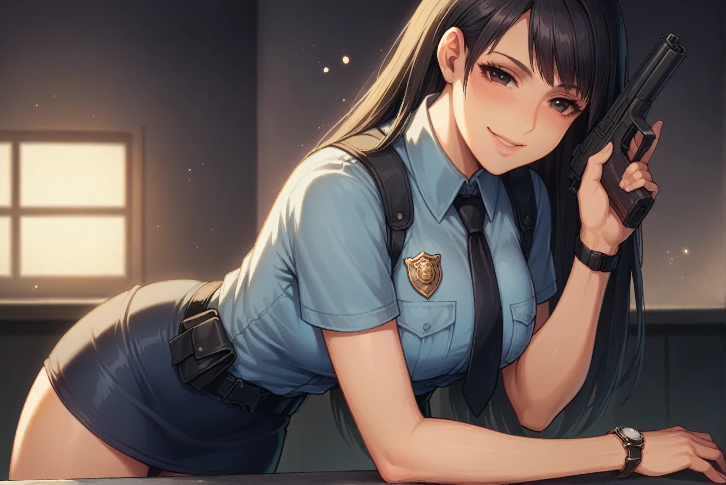 1 person, police, Adult, resident evil style, sexy police officer in uniform, No sleeve,Ultra mini skirt,watch,slim, evening, Soft Light, Facial details, Drunk, Long black hair, Beautiful Skin, fringe, Pale pink lips, with a gun in hand, smile, Big black eyes, Looking at the audience, none. -- realistic style - imagine -