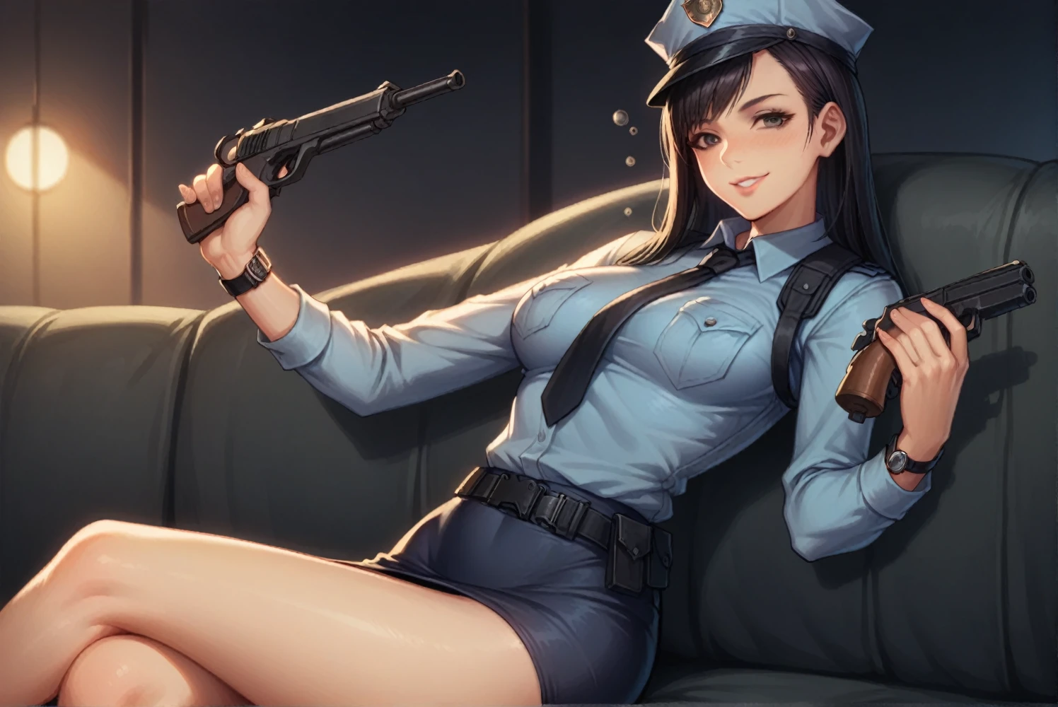 1 person, police, Adult, resident evil style, sexy police officer in uniform, No sleeve,Ultra mini skirt,watch,slim, evening, Soft Light, Facial details, Drunk, Long black hair, Beautiful Skin, fringe, Pale pink lips, with a gun in hand, smile, Big black eyes, Looking at the audience, none. -- realistic style - imagine -