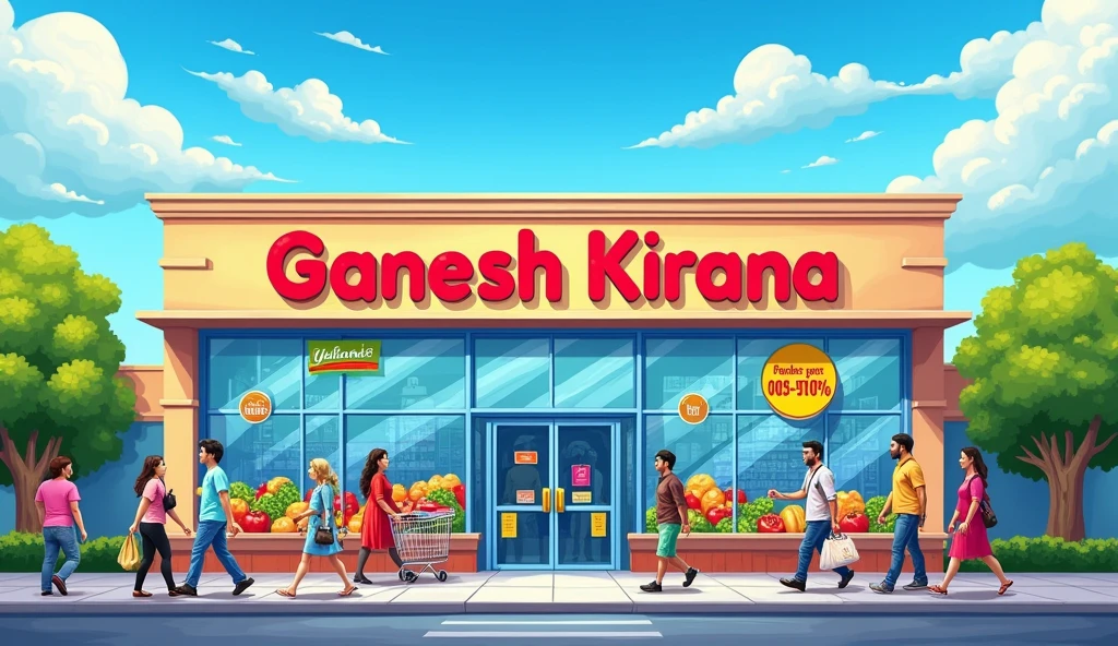 BIG SUPERMARKET STORE NAMED AS GANESH KIRANA IN ENGLISH IN DAYLIGHT FRONT VIEW 