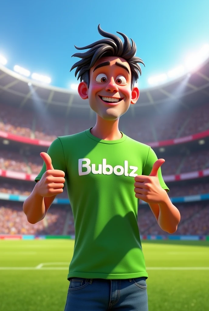 PIXAR 3d, naughty man, senor,  smiling fat man, dark hair, without glasses, wearing a green T-shirt with the writing Bubolz and jeans, giving a thumbs up, football background