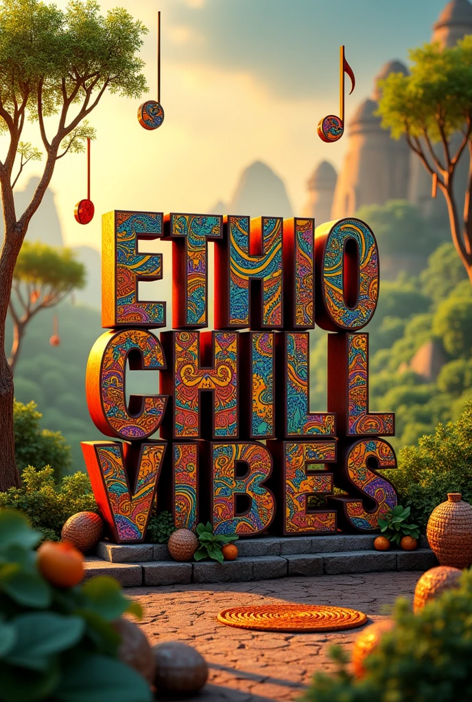 3d text of Ethio Chill Vibes with music notes and Ethiopian traditions