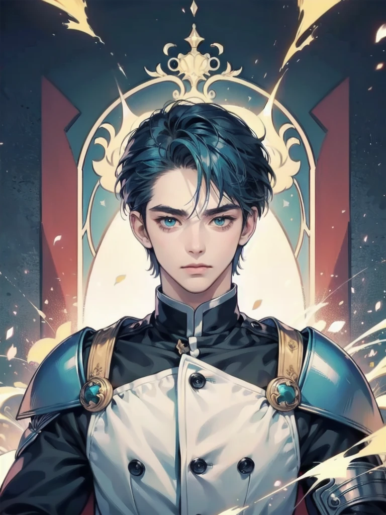 ((Highest quality)), ((masterpiece)), (detailed), Detailed face、8k、Navy Blue Hair、Straight Short Hair、all back、Turquoise Eyes、knight団長、Sour face、adult、Age 25、tall、Muscular、noble、knight、Handsome、One person、navy hair, alone、knight団長、incorruptness、Fierce、Standing alone