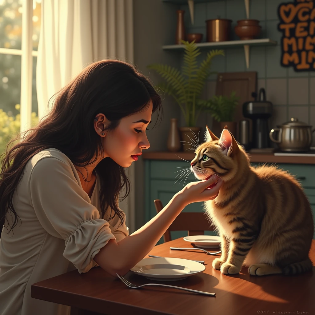 super realistic and detailed image of a woman falling on the table and crying, The cat comforts her by putting her hand on her head and her talking balloon says "You have me!" written in Portuguese