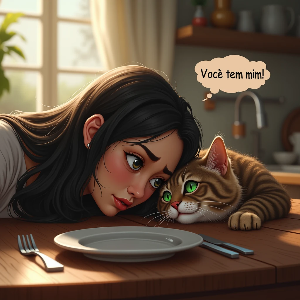 super realistic and detailed image of a woman falling on the table and crying, The cat comforts her by putting her hand on her head and her talking balloon says "You have me!" written in Portuguese