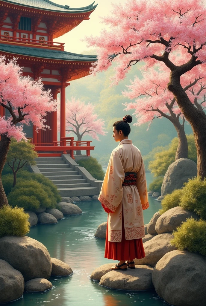 A highly detailed digital painting of a handsome man with Western facial features, dressed in traditional Japanese attire, standing in a serene Japanese shrine. The man has a noble and spiritual aura, with a calm and wise expression, and he is clean-shaven. He is facing the morning sun, with soft rays of light illuminating his face, as he chants a spell or prayer. His long hair is tied in a top knot, and he exudes an air of quiet strength and deep spirituality. The background shows the shrine in