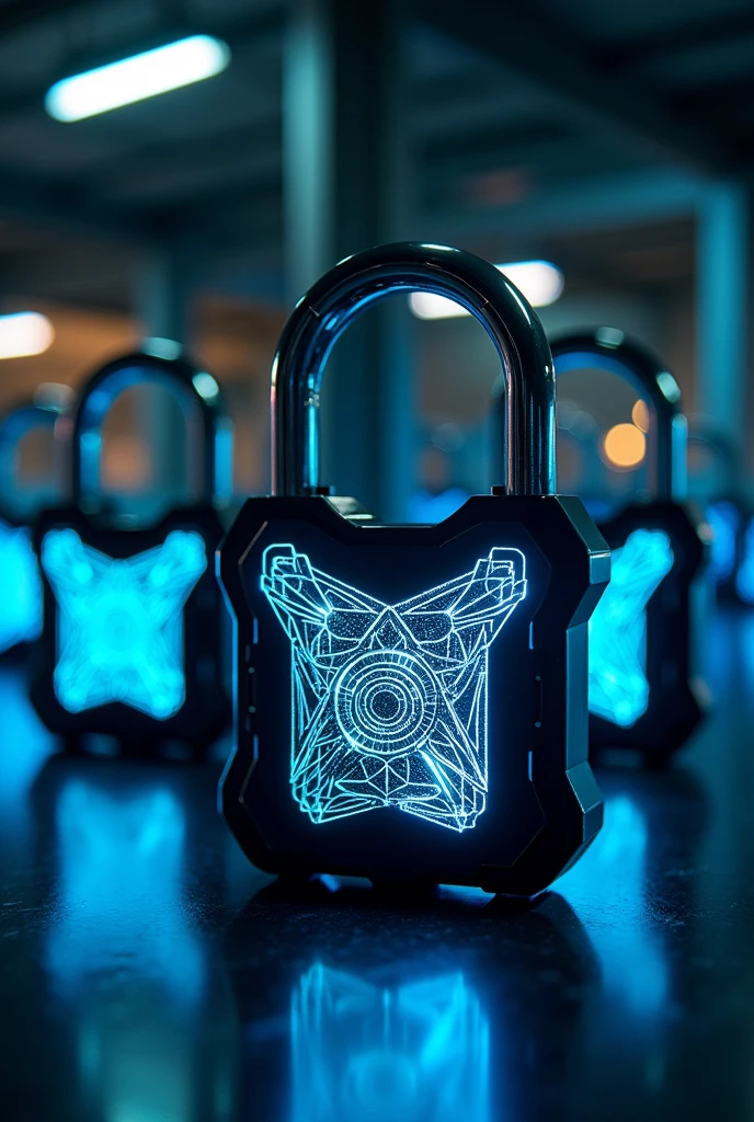 Various futuristic tech style padlocks with blue lines